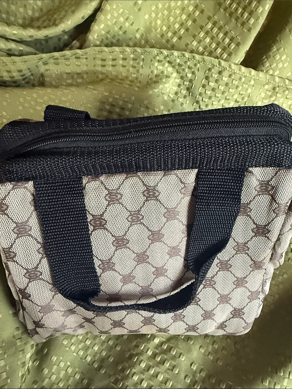 Patterned Beige and Brown Cosmetic lunch Bag with Black Trim